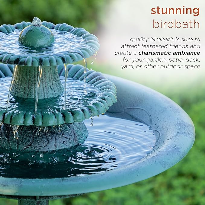 Alpine Corporation 35" Tall 3-Tier Outdoor Pedestal Water Fountain – Durable Resin Cascading Water Feature and Birdbath for Garden, Patio, Deck, and Backyard, Green