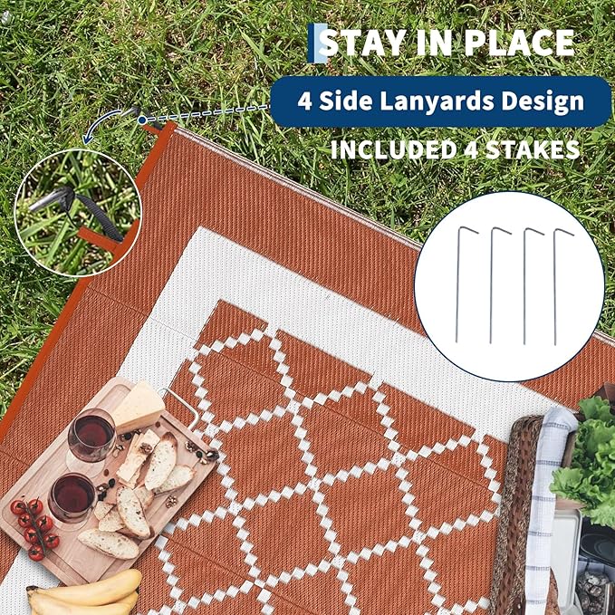 COZYLOOM Outdoor Rug Waterproof 10x14 Reversible Patio Rugs, Extra Large Modern Geometric RV Camping Rug, Indoor Outdoor Plastic Straw Mat for Deck, Picnic, Beach, Garden, Porch, Terracotta
