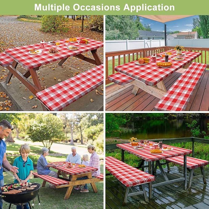 Picnic Table Cover with Bench Covers Camping Essentials Waterproof Windproof Camping Tablecloth with Drawstring Bag, Fitted Rectangle Tables and Seats, 96in, Red Checkered
