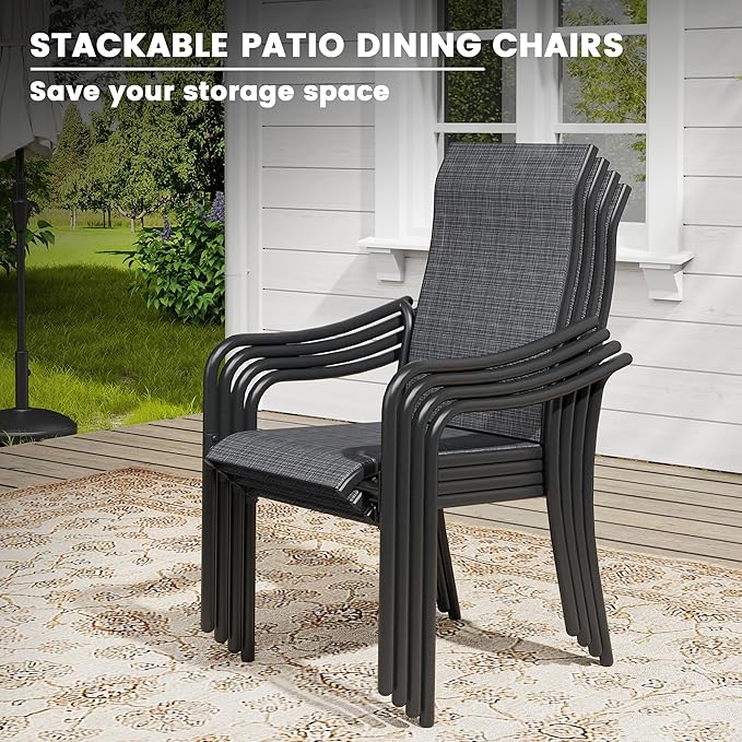 VICLLAX Patio Stackable Dining Chairs Set of 2, Outdoor Sling Chairs with Breathable Fabric and High Back for Balcony Porch Backyard, Dark Grey