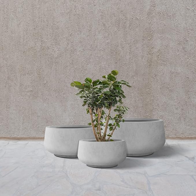 Kante 21.6",16.9",and 12.5" Dia Round Natural Concrete Elegant Planters (Set of 3), Outdoor Indoor Garden Plant Pot with Drainage Hole and Rubber Plug for Home & Patio