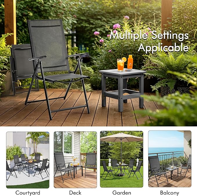 Yaheetech Patio Folding Dining Chairs Set of 2, Stackable Outdoor Lawn Chairs with 8 Adjustable Back Positions and Armrest for Garden, Lawn, Yard and Beach, Dark Gray