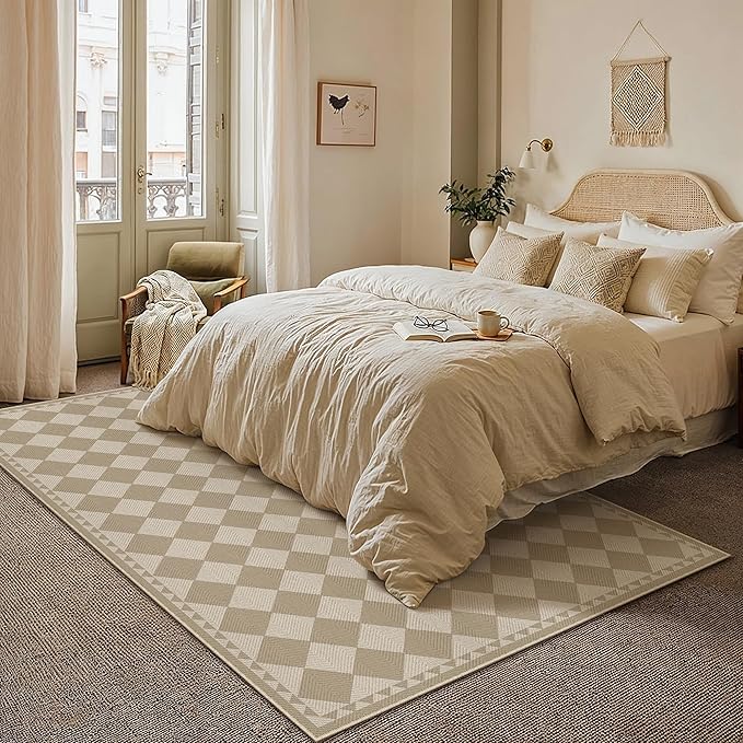 HUGEAR 6x9 Outdoor Rug Brown/Beige Linen-Look Fabric Checkered Area Rug High Traffic Stain Resistant Easy Clean Durable Rugs for Indoor/Outdoor Patio Deck Balcony Porch Garden Courtyard