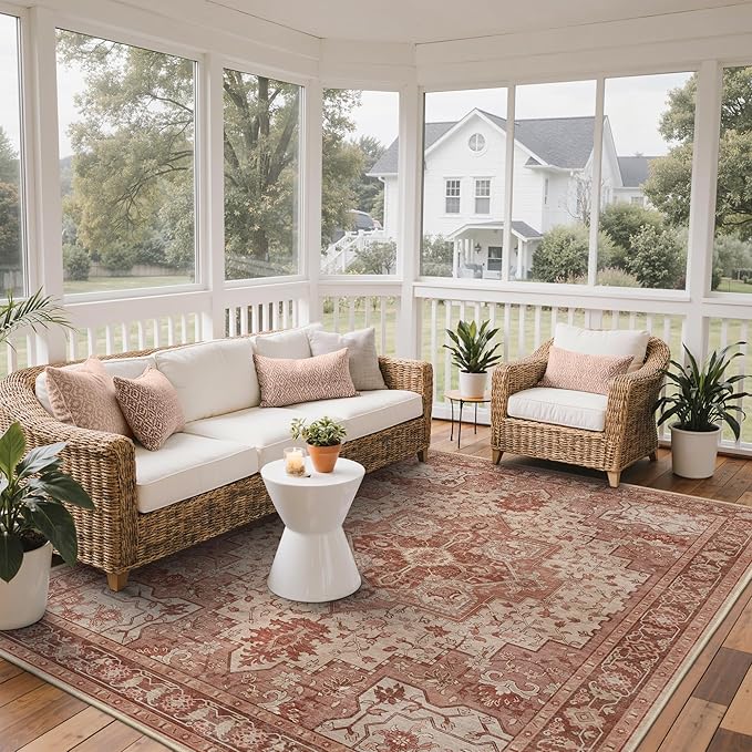 GENIMO Outdoor & Indoor Area Rug 8'x10', Waterproof, Non-Shedding, Easy Cleaning, Boho Mat for Patio, Living Room, Balcony, Dining Room, RV, Deck, Bedroom, Camping, Outside Carpet,Brown Red