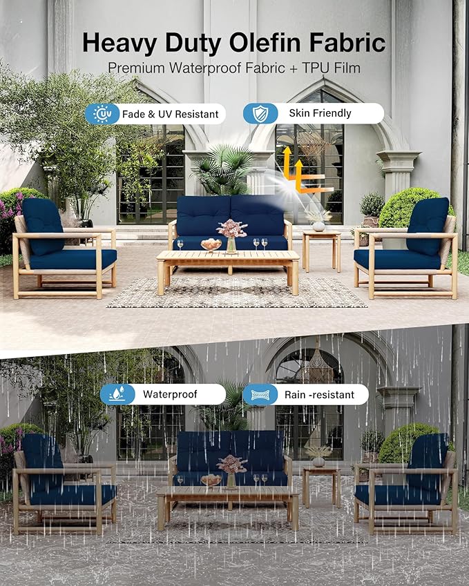 YEFU Outdoor Cushions for Patio Furniture: Waterproof Fade-Resistant Outdoor Chair Cushions Set of 4 - Deep Seat Patio Cushions Replacement with Ties for Chair Sofa Couch - 24 x 24 Inch(Navy)