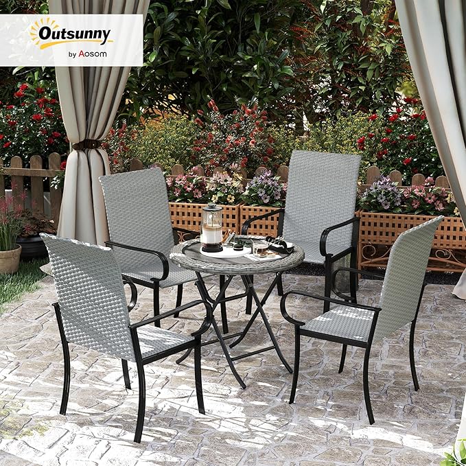 Outsunny Set of 4 Outdoor Wicker Dining Chairs, All-Weather Rattan Armchairs with Armrests, Steel Frame, High Back and Deep Seating, for Garden, Patio, Deck, Yard, Poolside, Gray