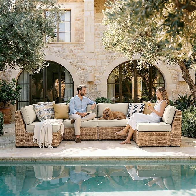 Outdoor Replacement Cushions for Patio Furniture, 5" Foam High-Density, 14-Piece Water-Resistant Outdoor Cushion for 6-Seat Sectional Patio Conversation Sets, Liner&Cover