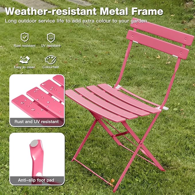 3 Piece Bistro Set, Folding Patio Furniture Set, Outdoor Table and Chairs Set for Patio, Garden, Balcony and Poolside, Rose Red