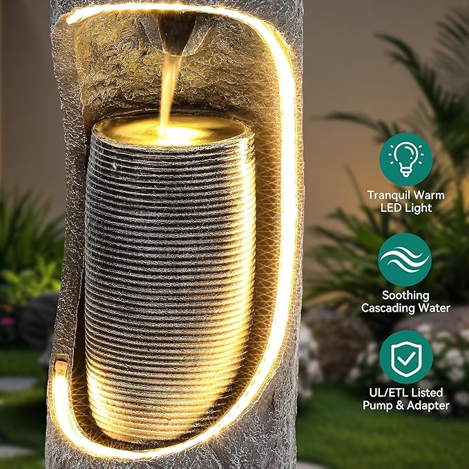 40" Tall Outdoor Water Fountain, Dual-Layer Column Garden Fountain with Bird Feeder, Resin Soothing Cascading Waterfall Foutain for Patio, Backyard, Garden or Porch Decor