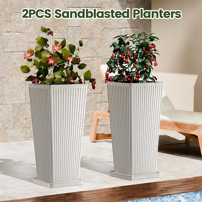 Tapered Tall Planters for Outdoor Plants 2 Pack- 23.6 Inch Heavy-Duty Classic Square Indoor Flower Pots with Drainage Holes/Partition/Tray, Large Outdoor Planters for Porch Patio, White