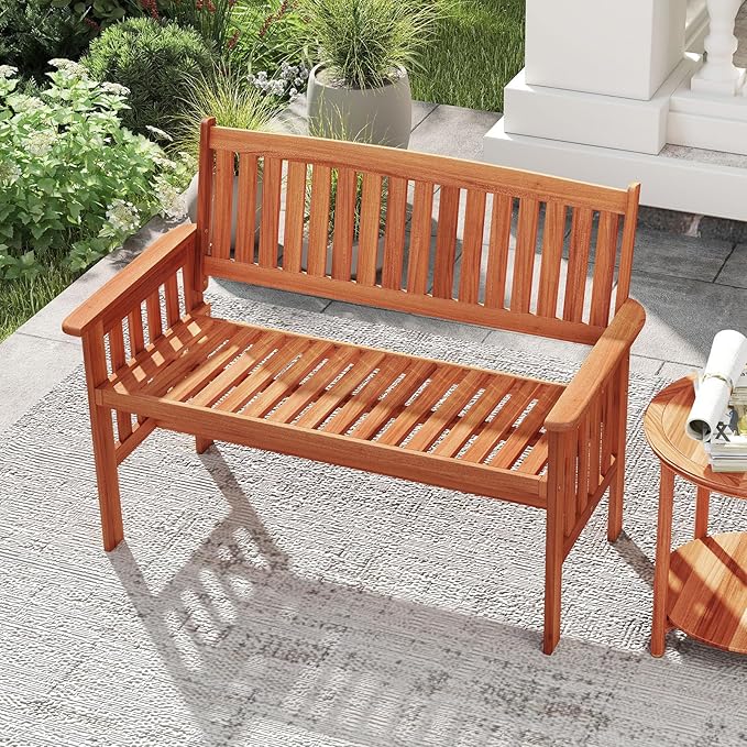 Tangkula Outdoor Wood Garden Bench, 2-Person Patio Park Bench with Backrest, Armrests and Slatted Seat, Outside Loveseat Furniture for Front Porch, Balcony, Deck and Yard