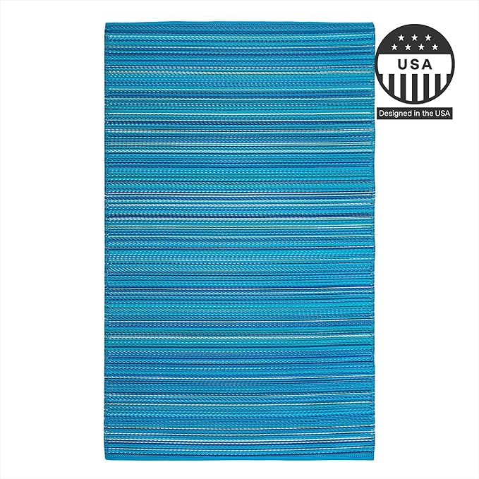 FH Home Outdoor Rug - Waterproof, Fade Resistant, Reversible - Premium Recycled Plastic - Striped - Large Patio, Deck, Sunroom, Camping, RV - Havana - Turquoise Crease Free - 6 x 9 ft