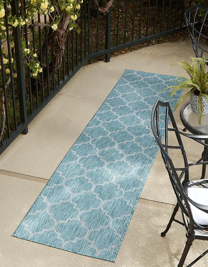Unique Loom Outdoor Trellis Collection Area Rug (2' x 6' 1" Runner, Aquamarine/ Gray)