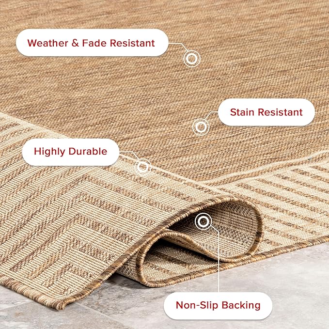 Nuloom Asha Light Brown/Ivory, 4' Square, Casual, Striped Border, Soft and Cozy, High Traffic, Stain Resistant, Easy Clean, Durable Area Rug for Indoor/Outdoor Patio, Deck, Porch, Garden, Courtyard