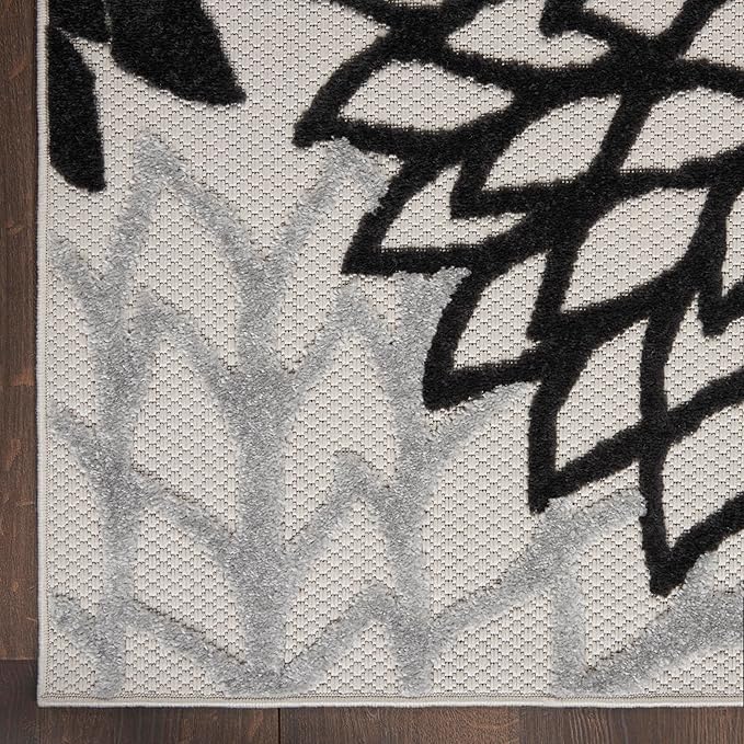 Nourison Home Aloha Indoor/Outdoor Black White 7' x 10' Area Rug, Tropical, Botanical, Easy Cleaning, Non Shedding, Bed Room, Living Room, Dining Room, Deck, Backyard, Patio (7x10)