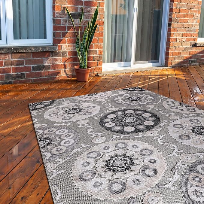 CAMILSON Indoor Outdoor Rug 10x14 Bohemian Medallion Floral Area Rugs for Indoor and Outdoor Patios Easy-Cleaning Non-Shedding Living Room Garden and Kitchen Washable Outside Carpet (10 x 14 / Gray)