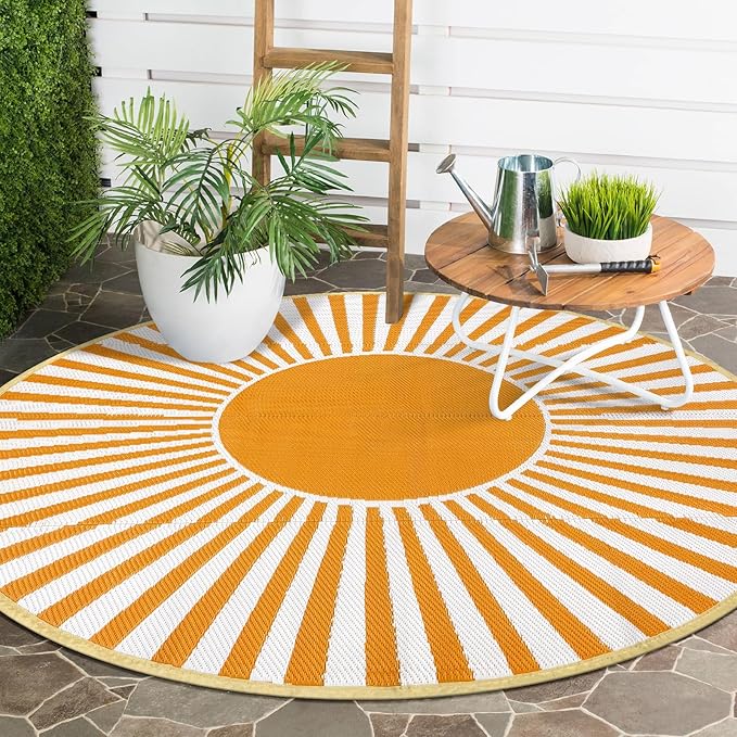 Anidaroel Round Outdoor Rugs 6ft for Patios Clearance, Waterproof Reversible Plastic Straw Patio Rug, Outside Area Rug Floor Mat for Backyard, Porch, Balcony, Pool Deck, RV Camping, Picnic(Orange,6ft)