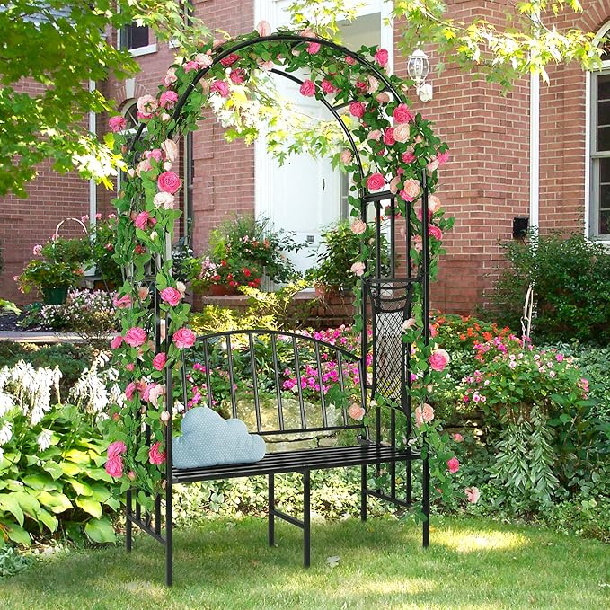Garden Arch Heavy Duty Arbor with Bench Holds 660lbs | Metal Arbor Archway for Climbing Plant & Two People Seat Bench |Outdoor Lawn Backyard Decor, Black