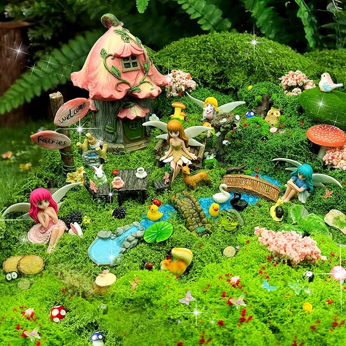 147Pcs Fairy Garden Kit Complete Miniature Figurines Accessories Set with Exclusive Mini Coffee Cups Butterflies DIY Resin Fairy House Mushrooms Animals Trees Decor for Indoor Outdoor Lawn Plant Pots