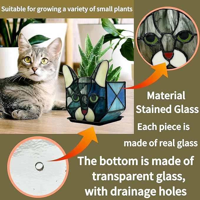 Stained Glass Cat Tea Light Candle Holder Glass,Pencil Holders for Desk,Funny Cactus Pot,Gift for Cat Lover