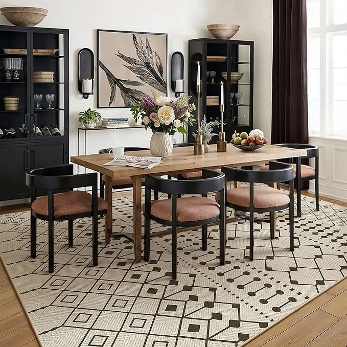 HUGEAR 6x9 Outdoor Rug Black/Beige Linen-Look Fabric Boho Area Rug High Traffic Stain Resistant Easy Clean Durable Rugs for Indoor/Outdoor Patio Deck Balcony Porch Garden Courtyard