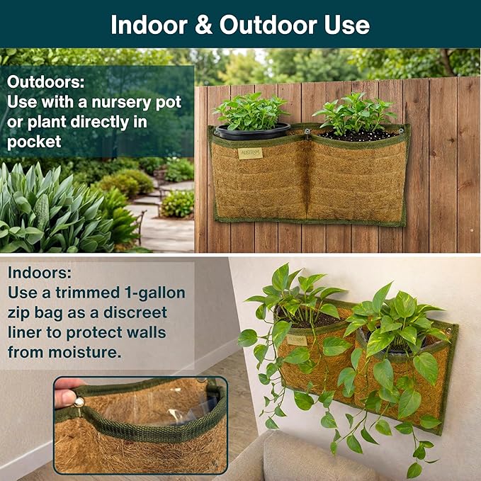 Wall Hanging Planter, 2 Pocket, Hanging herb Planter, wall Mounted Plant Holder, Vertical herb Garden, Plant Hanger Indoor, Boho Kitchen Decor, Porch and Balcony Decor, Fence planters