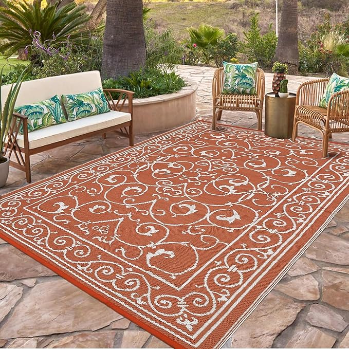 MilleLoomi Outdoor Rug 8x10 Waterproof Patio Rugs Vintage Reversible Mat for Front Door Rv Foldable Plastic Straw Carpet for Travel Trailers, Deck, Picnic, Porch, Camper, Balcony, Beach，Orange