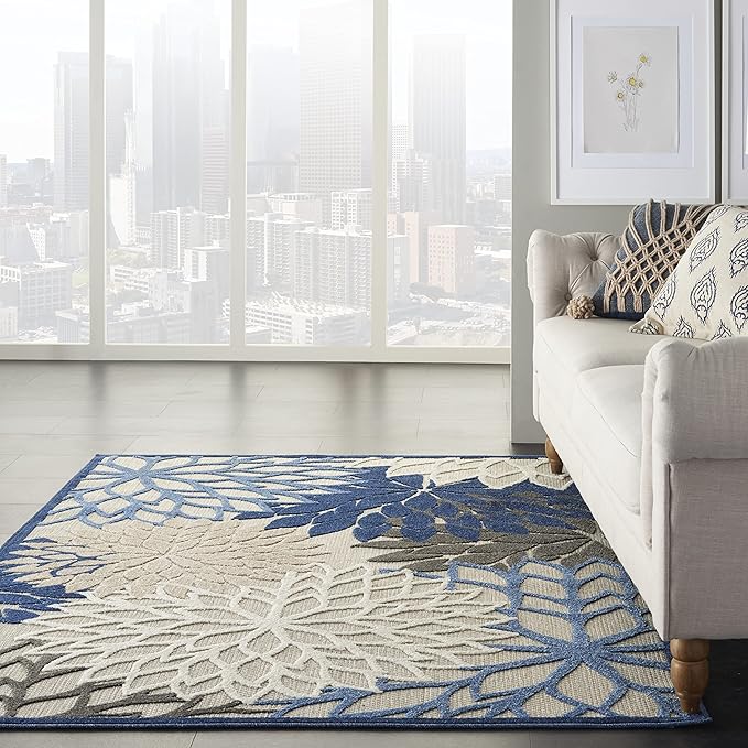 Nourison Home Aloha Indoor/Outdoor Blue/Multicolor 3'6" x 5'6" Area Rug, Tropical, Botanical, Easy Cleaning, Non Shedding, Bed Room, Living Room, Dining Room, Deck, Backyard, Patio (3x5)