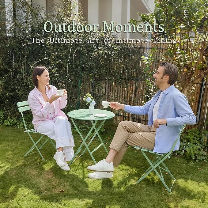 3 Piece Bistro Set, Folding Patio Furniture Set, Outdoor Table and Chairs Set for Patio, Garden, Balcony and Poolside, Green