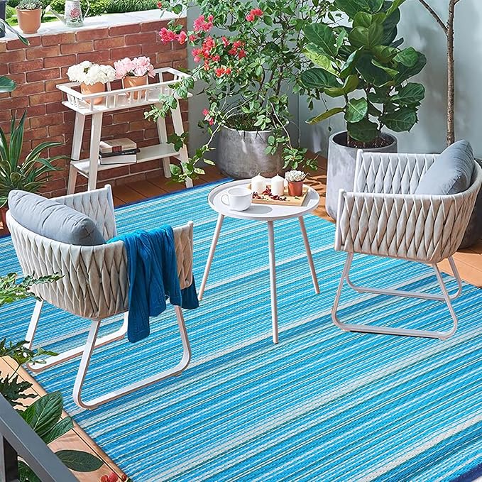 Reversible Outdoor/Indoor Plastic Rug Plastic Straw Rug Waterproof Portable Mat, Easy to Clean and Fold,Perfect for Garden, Patio, Picnic, Decking-（Blue，9x12Ft）