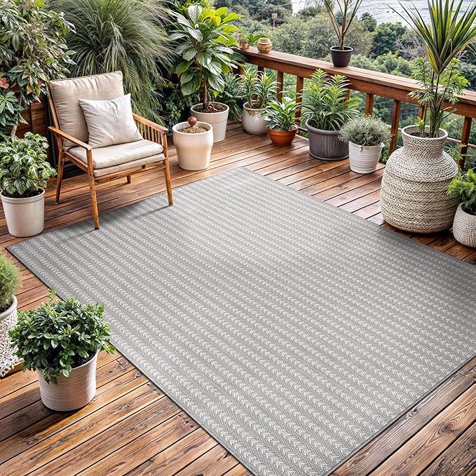 Washable Outdoor Rug 9x12 Modern Area Rugs Outdoor Carpets Striped Pattern Non Shedding Waterproof Easy Clean Patio Deck Porch Living Room Bedroom Garden RV (9 X 12 Gray)
