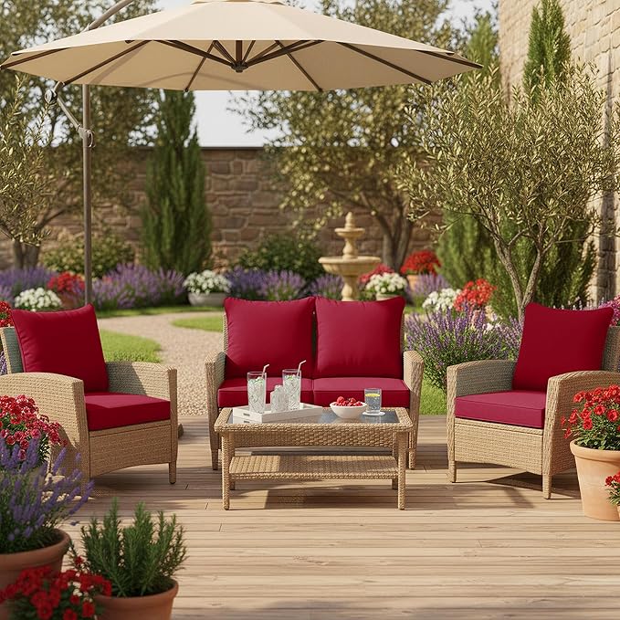 Outdoor Chair Cushions Set of 4, Waterproof Back Pillow and Seat Cushion Set for Patio Furniture, Outdoor Sofa Replacement Cushions with Removable Cover, 22 x 22 Inch, Red
