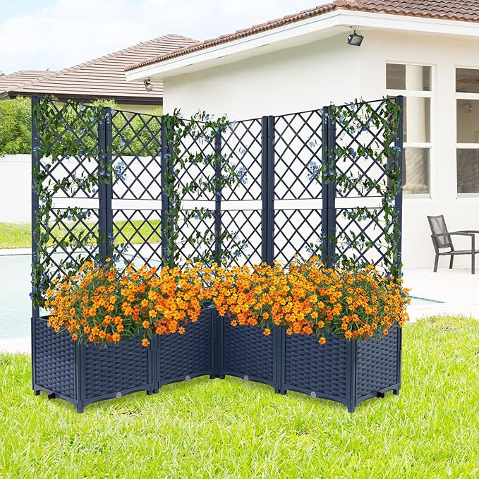 5PCS Raised Garden Bed with Treliis, Freestanding Garden Planter, Detachable Outdoor Planter Box, Vertical Garden Beds with Water Storage Mechanism for Climbing Growing, Backyard (Blue)