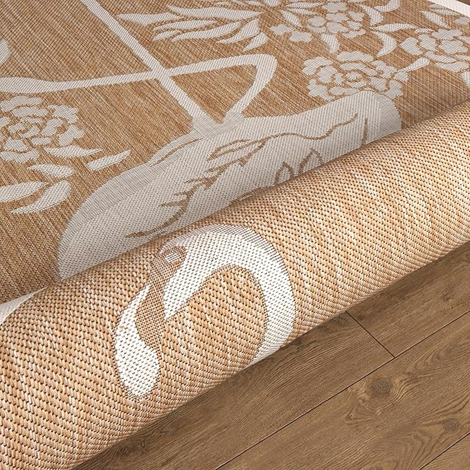 LR Home 8ft Round Indoor/Outdoor Area Rug for Home Decor | Flamingo Carpet for Living Room, Bedroom, Playroom, Patio, Garden | Tropical Farmhouse Rug | Beige/Tan