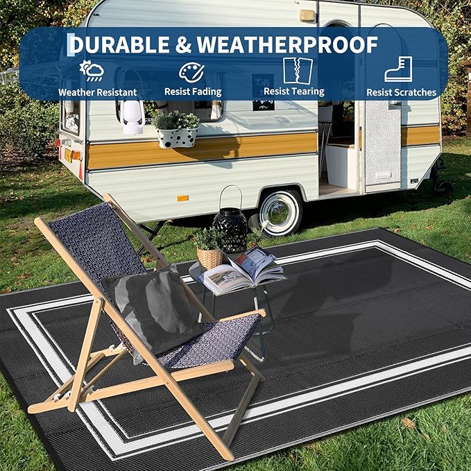 COZYLOOM Outdoor Rug 8x10 Patio Rugs Waterproof Plastic Straw Rug Reversible UV Resistant Camping Mat, Foldable Lightweight RV Picnic Mat with Portable Bag, Modern Border Outdoor Carpet for Yard,Black