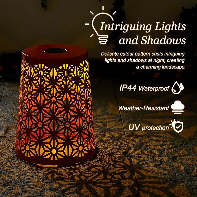 Glitzhome Ourdoor Side Table Set of 2,Solar Iron Cutout Geometric Pattern Decorative Garden Stool Planter Stand,Accent Table or Lantern for Patio Poolside Party Yard,Orange