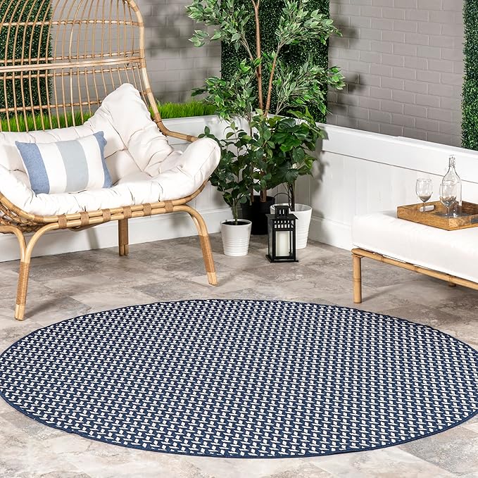Nuloom Outdoor Performance Camryn Navy/Ivory, 8' Round, Herringbone, Soft, High Traffic, Stain Resistant, Easy Clean, Durable Area Rug for Indoor/Outdoor Patio, Deck, Porch, Garden, Courtyard