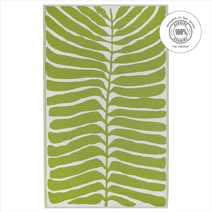 Fab Habitat Outdoor Rug - Waterproof, Fade Resistant, Crease-Free - Premium Recycled Plastic - Tropical Leaf Botanical - Patio, Deck, Porch, Balcony, Laundry Room - Hilo - Green - 4 x 6 ft