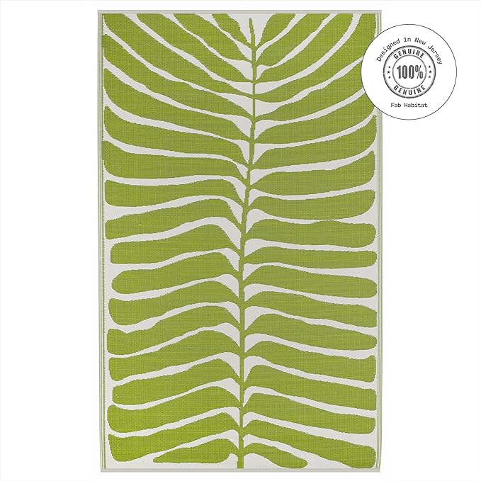 Fab Habitat Outdoor Rug - Waterproof, Fade Resistant, Crease-Free - Premium Recycled Plastic - Tropical Leaf Botanical - Large Patio, Deck, Sunroom, Camping, RV - Hilo - Green - 6 x 9 ft