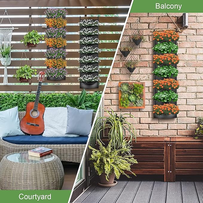 iPower 2 Pack Hanging Vertical Wall Planter 7 Pockets Upgraded Deeper Waterproof Herb Flower Growing Pouch Felt Cloth, for Garden Yard Courtyard Fence Home, Balcony Office Decoration
