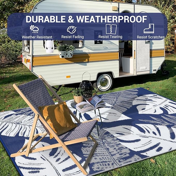 COZYLOOM Waterproog Outdoor Rug 10x14 Reversible Plastic Straw Rug for Patio, Reversible Indoor Outdoor Rugs Foldable RV Camping Picnic Mat with Portable Bag & 4 Stakes, UV Resistant & Easy to Clean