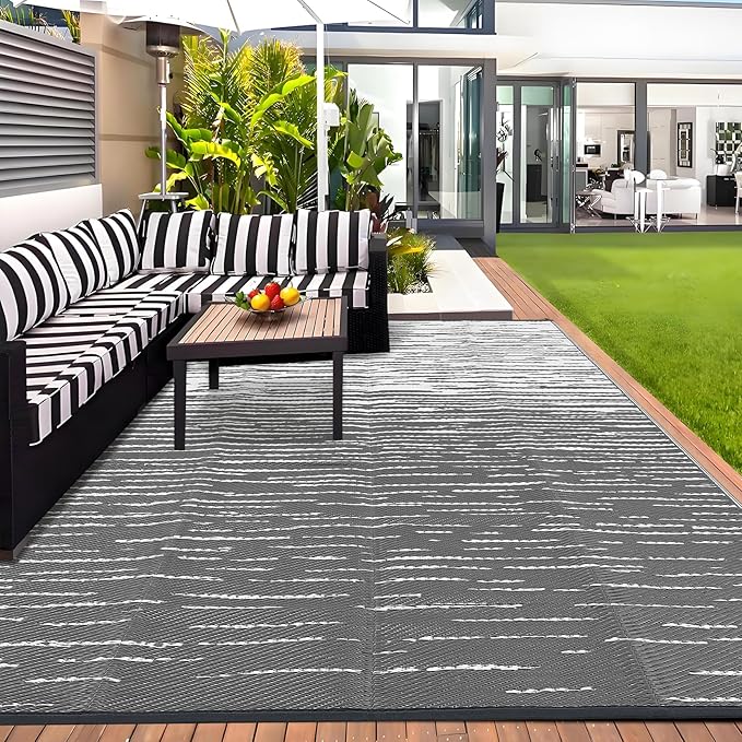 9x12 Outdoor Rug Waterproof Foldable Plastic Straw Carpet for Patio Porch Abstarct Line Reversible Mat Lightweight Floor Mat for Picnic, Backyard, Rv, Beach, Deck, Camper, Balcony，Grey