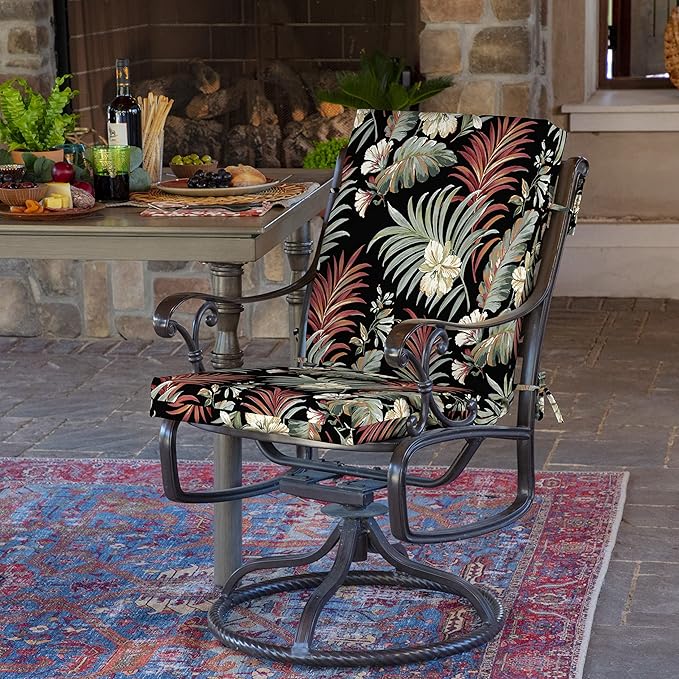 Arden Outdoor Patio Dining Chair Cushion, 20x44, Rain-Proof Seat Pad, Fade-Resistant Outdoor Cushion Simone Black Tropical