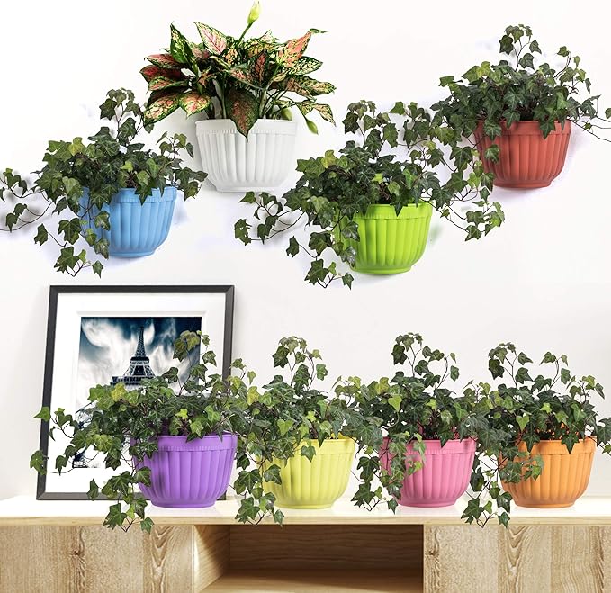ORIMERC 8 Pack Colorful Wall Hanging Planters for Indoor Outdoor Plants, Wall Hanging Plant Holder with Drainage Hole, Balcony planters Railing Hanging Pot, Plant Wall Mount Decor with Hooks/Screws