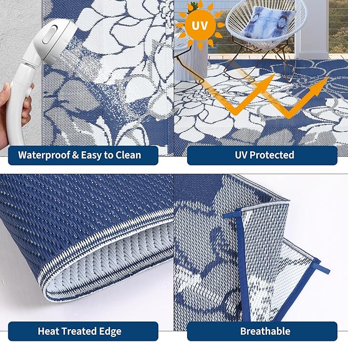 Outdoor Rug 9x12 Reversible Modern Floral Patio Rug Waterproof & Washable Outside Carpet, UV Weather Resistant RV Camping Mat, Durable Plastic Outdoor Carpet for Garden Yard, Dark Blue
