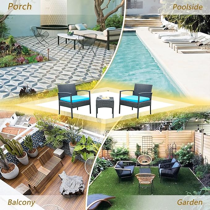 PROHIKER Patio Porch Furniture Set, 3 PCS Outdoor Patio Furniture with Rattan Chairs, Table, Blue Cushions for Garden Porch Balcony Yard