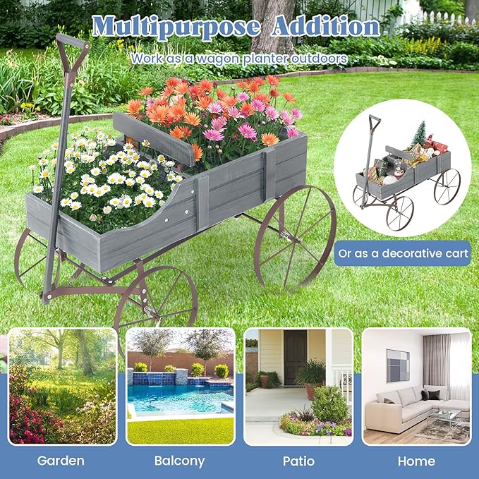 Wooden Wagon Planter, Decorative Garden Wheelbarrow Planter with 2 Planting Sections, Rolling Wheels, Adjustable Handle, Small Wagon Cart Planter Stand for Flowers Vegetables Herbs (Grey)
