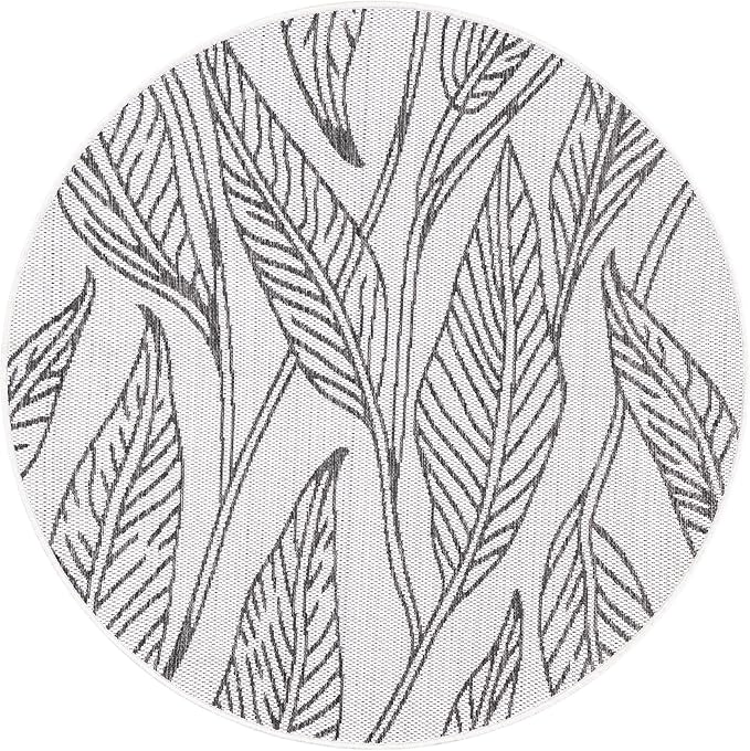 Unique Loom Outdoor Botanical Collection Area Rug - Leaf (4' 1" Round, Charcoal Ivory)