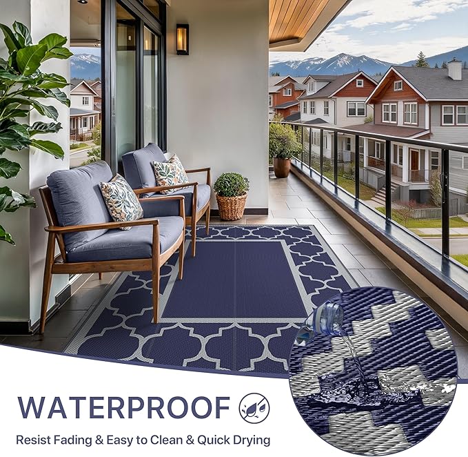GENIMO Outdoor Rug 8' x 10' Patio Waterproof, Foldable Reversible Plastic Straw Area Rugs Mat for Camper Decor, Outside Carpet for Rv, Deck, Porch, Picnic, Beach, Balcony, Blue & Grey