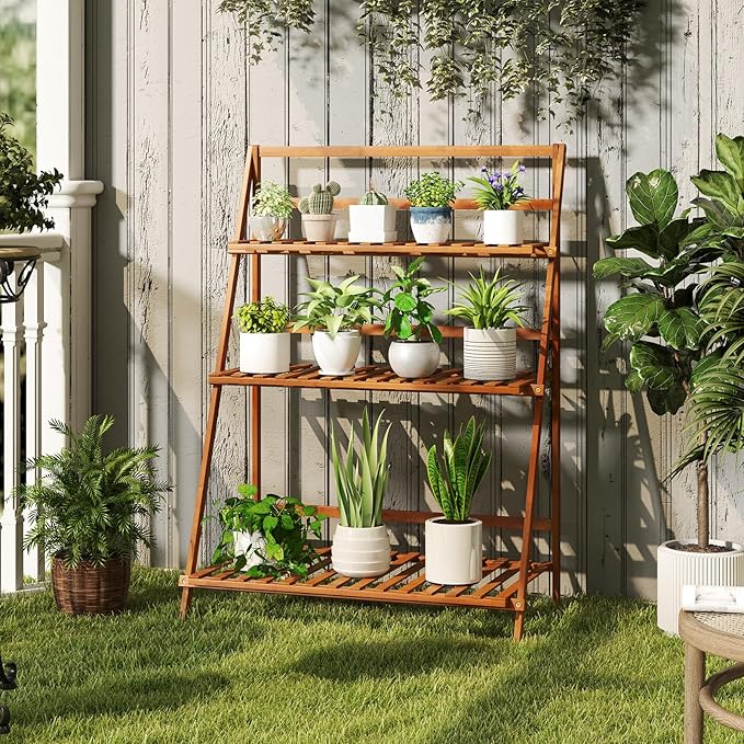 Plant Stand, 3 Tier Bamboo Ladder Plant Stand with Foldable Design, Anti-falling Crossbar, Freestanding Plant Shelf for Indoor Outdoor, Living Room Balcony Patio Garden